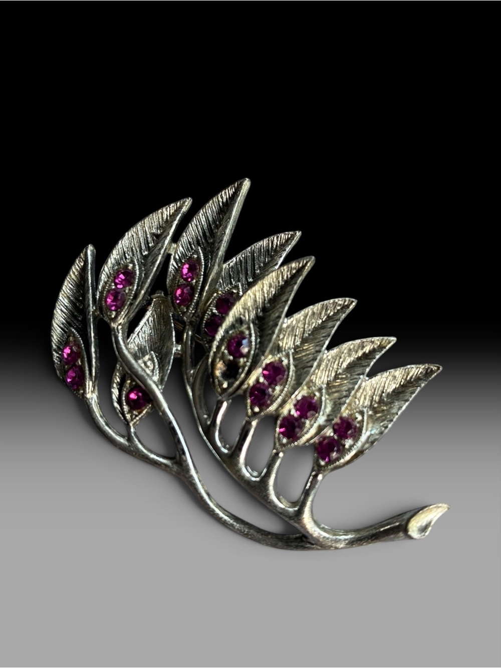 Silver-toned Leaf Brooch with Pink Gem Accents